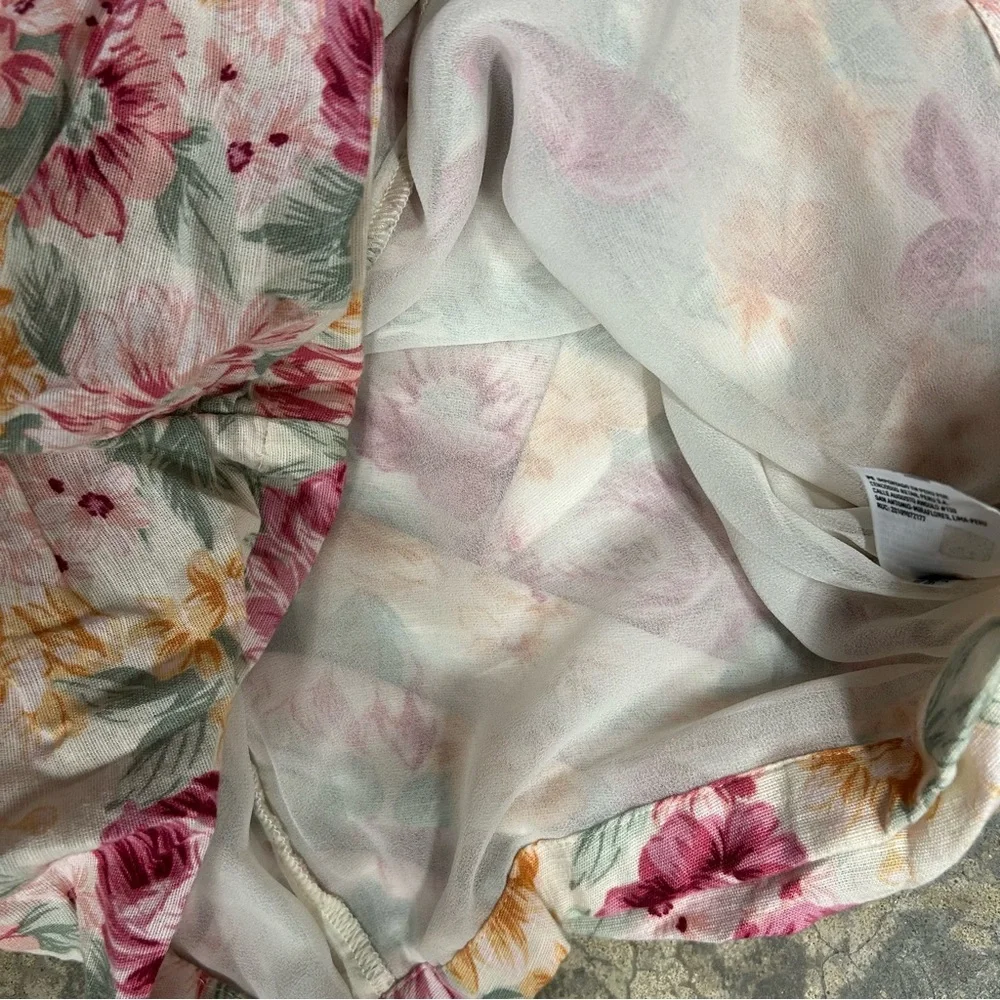 American Eagle Women’s Small CottonLinen Ruched Smocked Puff Sleeve Floral Dress